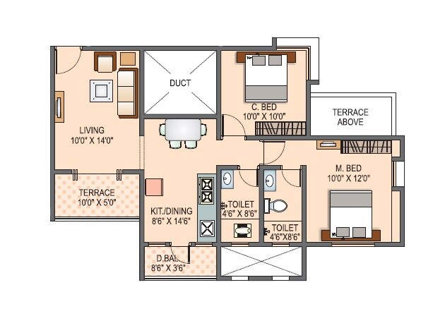 Floor plan of 2 BHK 591 Sq. Ft. Apartment in Balaji Manas Valley, Pune