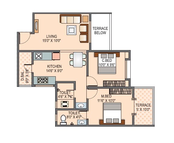 Floor plan of 2 BHK 606 Sq. Ft. Apartment in Balaji Manas Valley, Pune