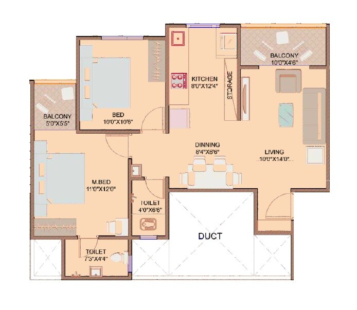 Floor plan of 2 BHK 732 Sq. Ft. Apartment in Balaji Nandanvan, Pune