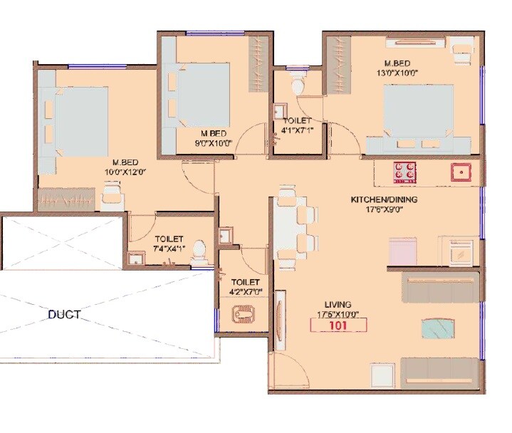 Floor plan of 3 BHK 968 Sq. Ft. Apartment in Balaji Nandanvan, Pune