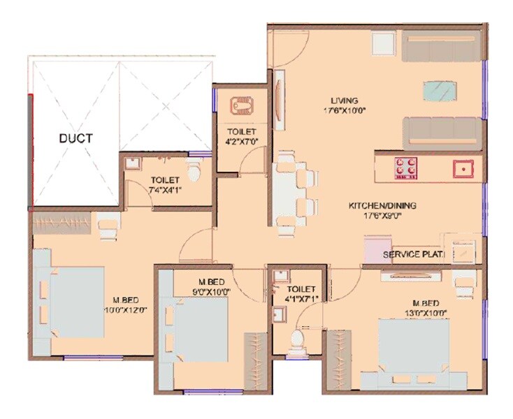 Floor plan of 3 BHK 983 Sq. Ft. Apartment in Balaji Nandanvan, Pune