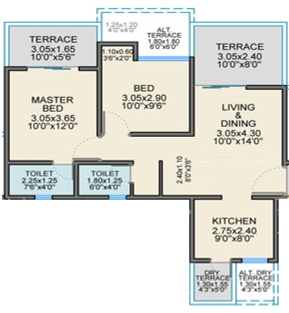 Floor plan of 2 BHK 725 Sq. Ft. Apartment in Balaji Oriana Crest, Pune