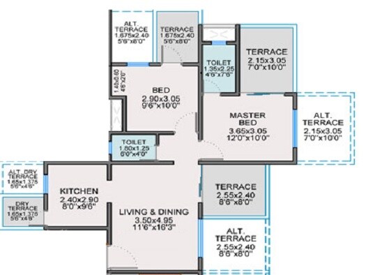 Floor plan of 2 BHK 802 Sq. Ft. Apartment in Balaji Oriana Crest, Pune