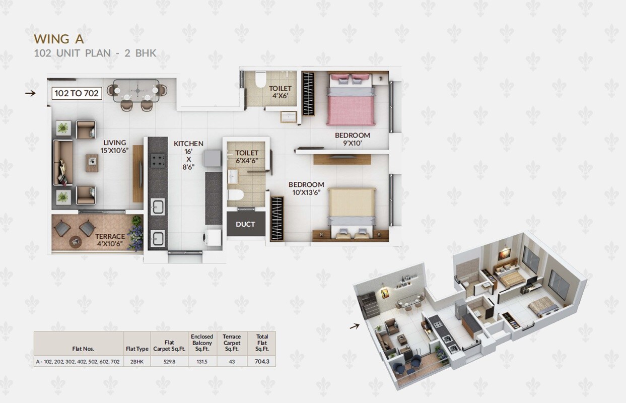 Floor plan of 2 BHK 704 Sq. Ft. Apartment in Balaji Oriana Nest, Pune
