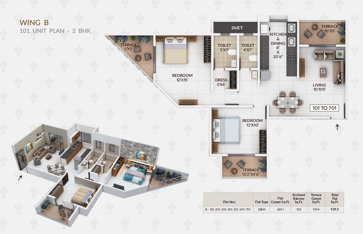Floor plan of 2 BHK 930 Sq. Ft. Apartment in Balaji Oriana Nest, Pune