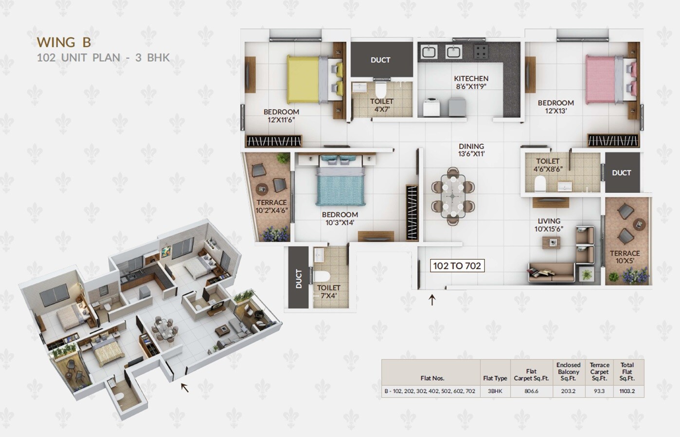Floor plan of 3 BHK 1103 Sq. Ft. Apartment in Balaji Oriana Nest, Pune
