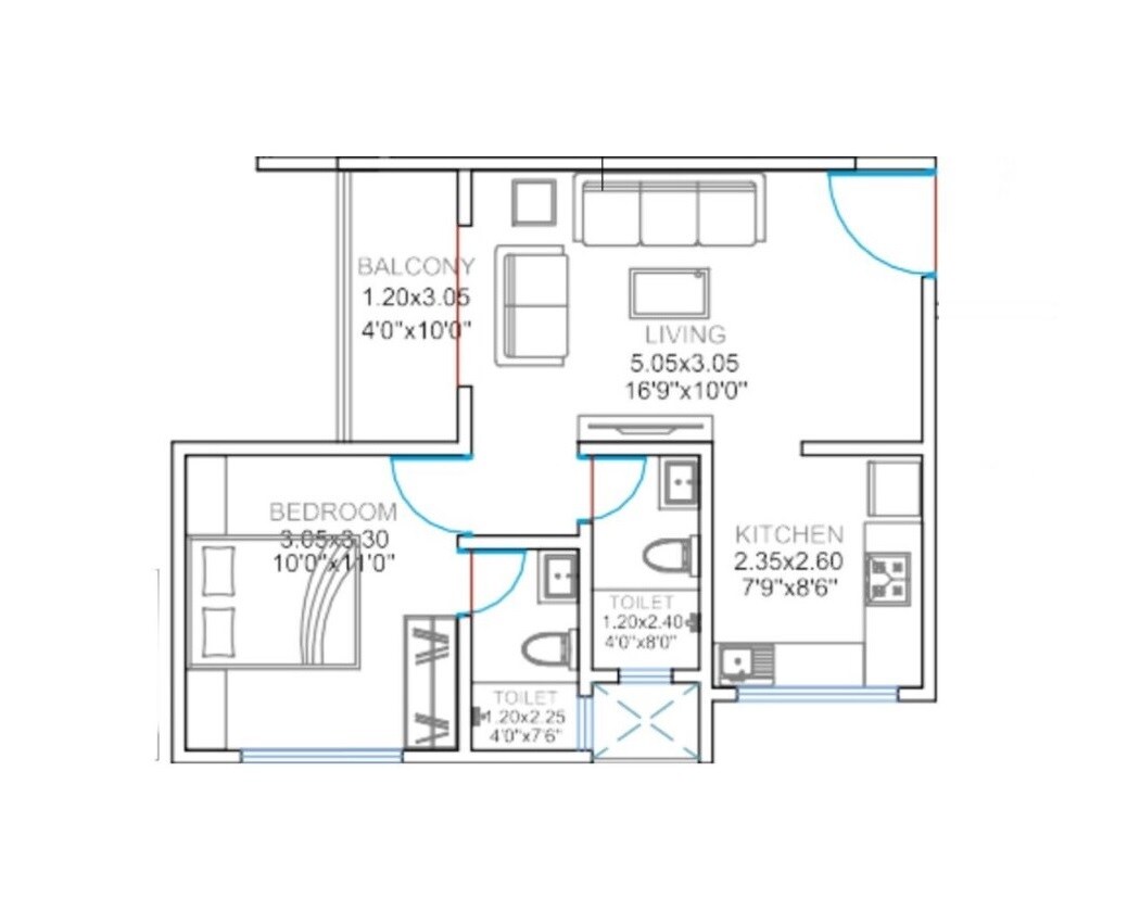 Floor plan of 1 BHK 480 Sq. Ft. Apartment in Balaji Oriana World, Pune