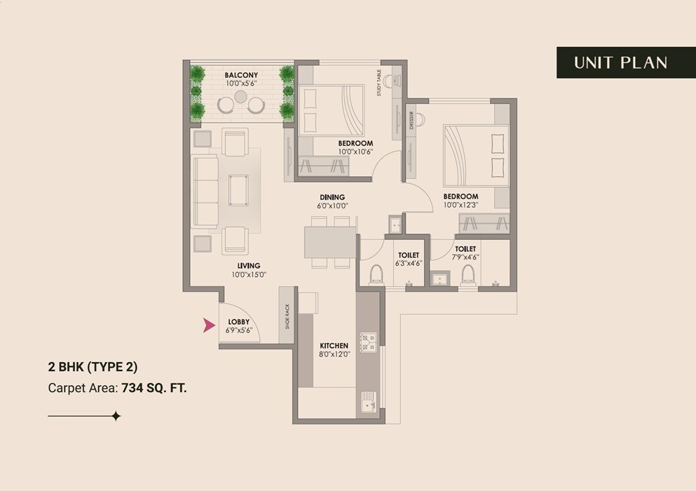 Floor plan of 2 BHK 734 Sq. Ft. Apartment in Balaji Oriana World, Pune