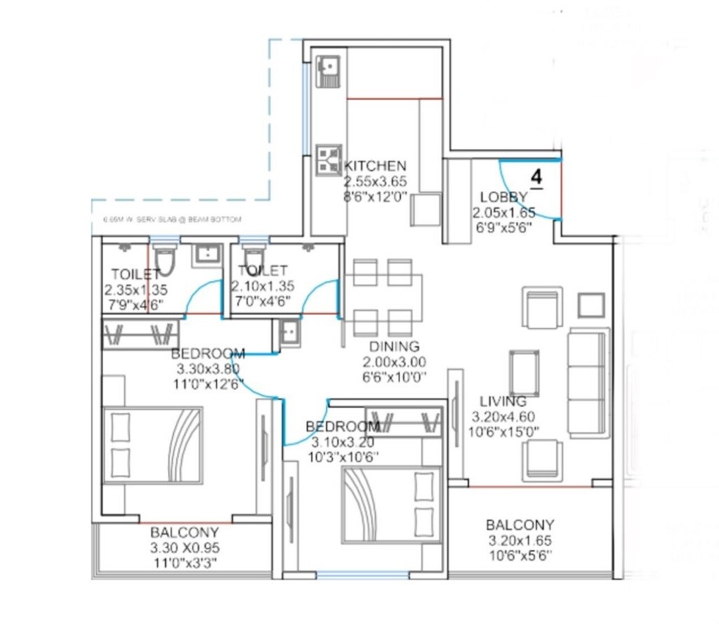 Floor plan of 2 BHK 815 Sq. Ft. Apartment in Balaji Oriana World, Pune