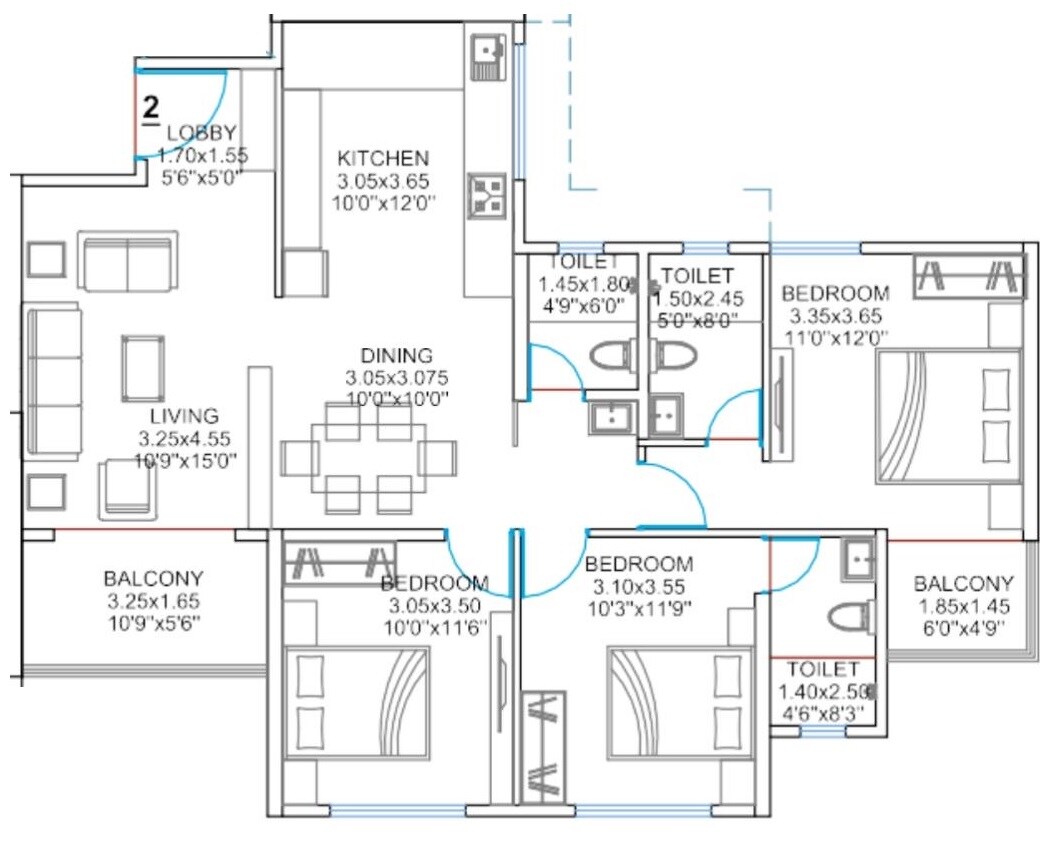 Floor plan of 3 BHK 1151 Sq. Ft. Apartment in Balaji Oriana World, Pune