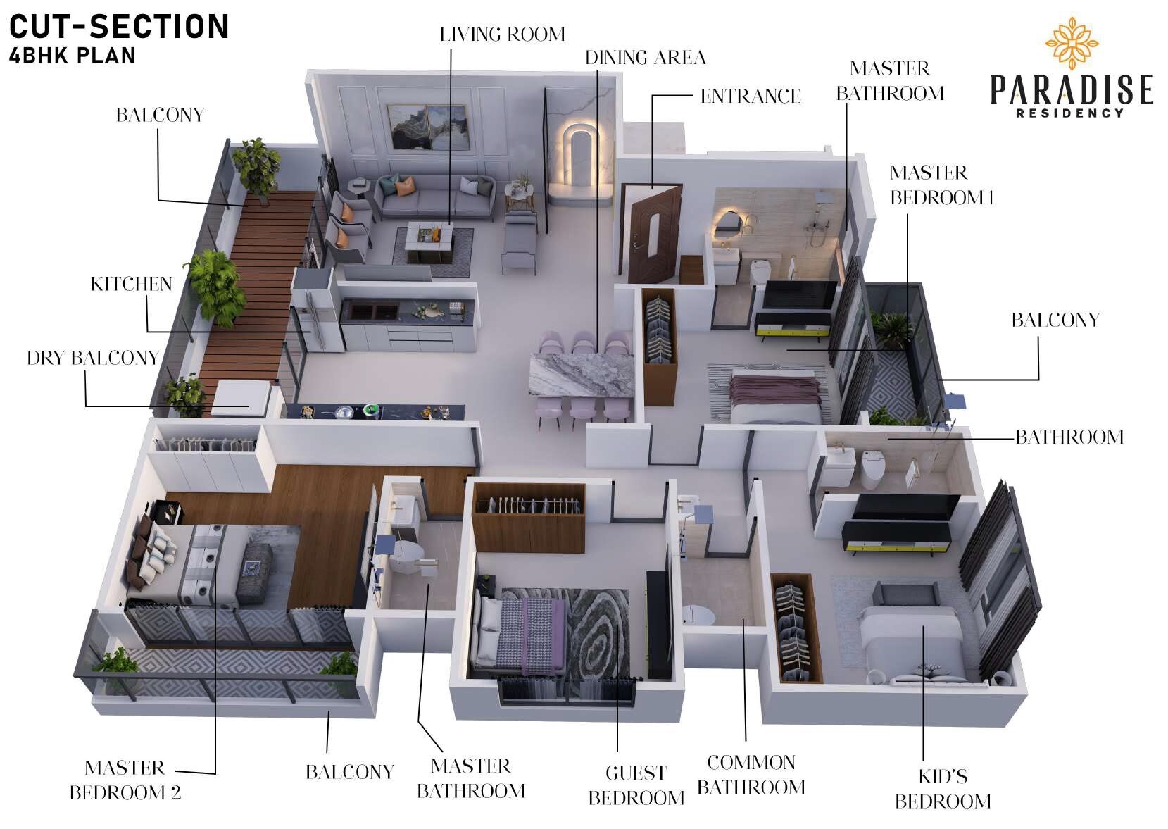 Floor plan of 4 BHK 1446 Sq. Ft. Apartment in Balaji Paradise Residency, Pune