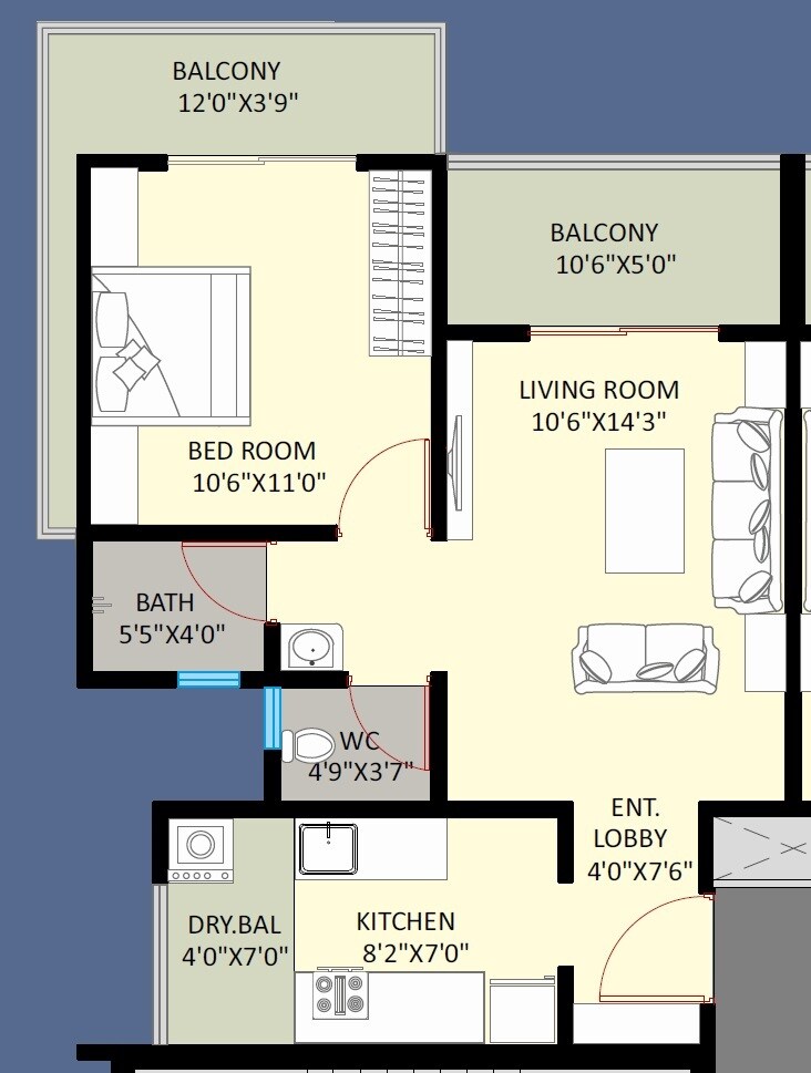 Floor plan of 1 BHK 527 Sq. Ft. Apartment in Balaji Raanwa, Pune