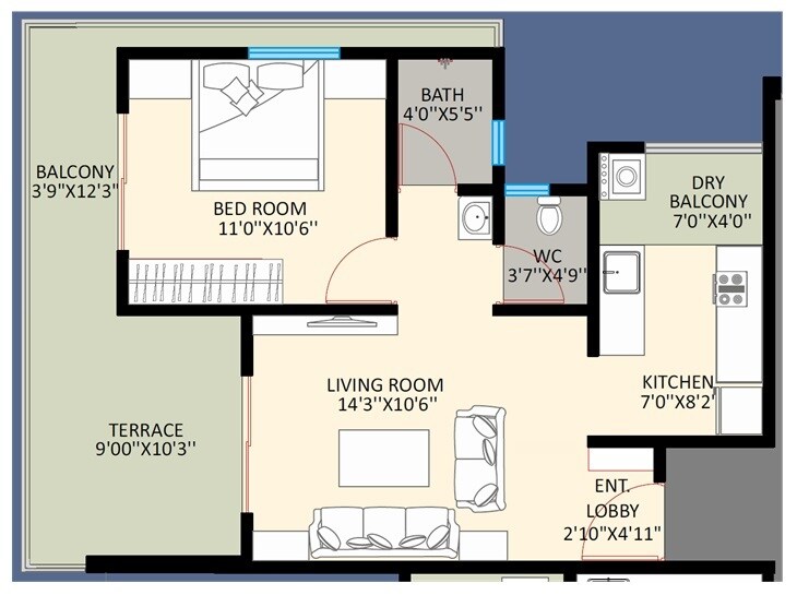 Floor plan of 1 BHK 605 Sq. Ft. Apartment in Balaji Raanwa, Pune