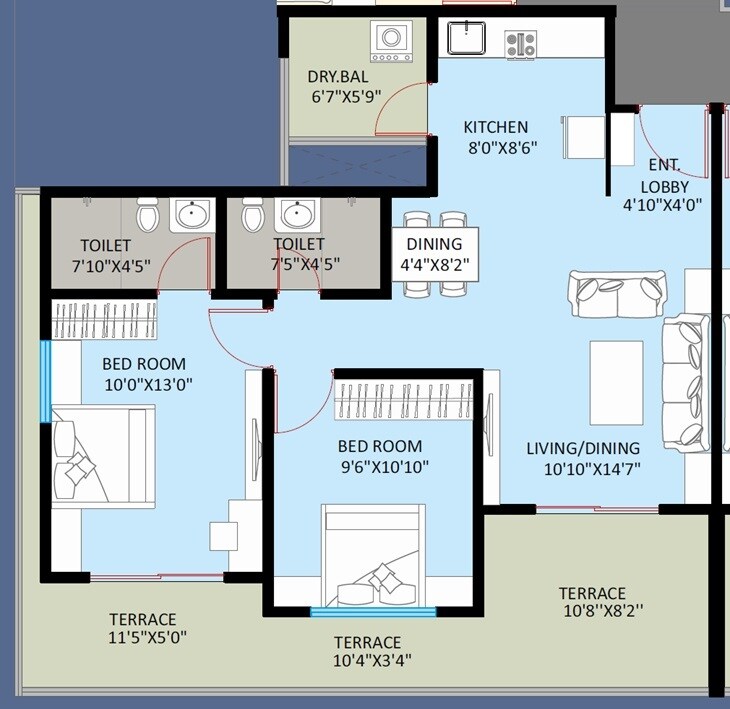 Floor plan of 2 BHK 836 Sq. Ft. Apartment in Balaji Raanwa, Pune