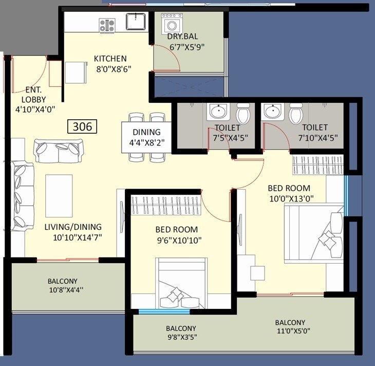 Floor plan of 2 BHK 679 Sq. Ft. Apartment in Balaji Raanwa, Pune