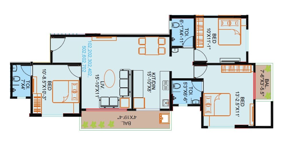 Floor plan of 3 BHK 1002 Sq. Ft. Apartment in Balaji Royal Orchid Residency, Pune