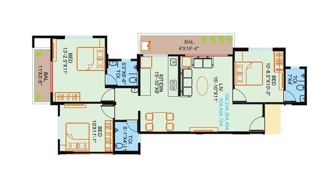 Floor plan of 3 BHK 990 Sq. Ft. Apartment in Balaji Royal Orchid Residency, Pune
