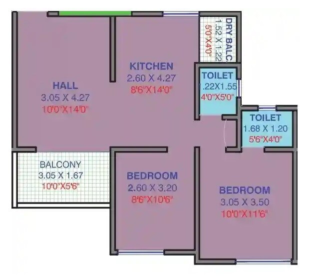 Floor plan of 2 BHK 625 Sq. Ft. Apartment in Balasai Elina Premium, Pune