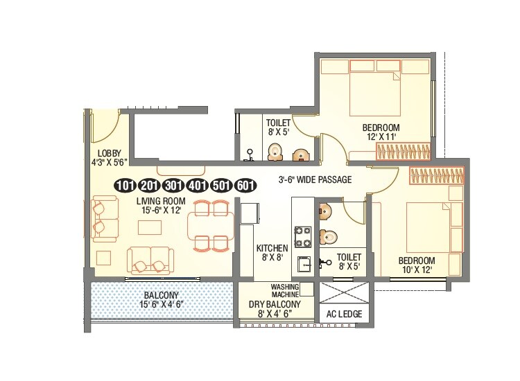 Floor plan of 2 BHK 632 Sq. Ft. Apartment in Balchand Amaltas Apartments, Pune