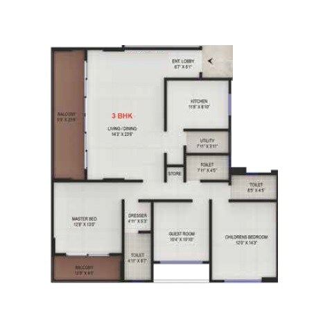 Floor plan of 3 BHK 1666 Sq. Ft. Apartment in Bandal Vedashree, Pune