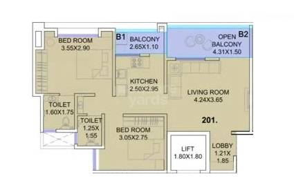 Floor plan of 1 BHK 421 Sq. Ft. Apartment in Bappa Towers, Pune