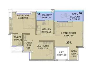 Floor plan of 2 BHK 604 Sq. Ft. Apartment in Bappa Towers, Pune