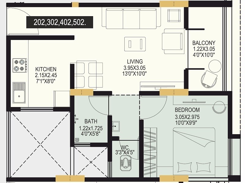 Floor plan of 1 BHK 431 Sq. Ft. Apartment in Basil Aarambha, Pune