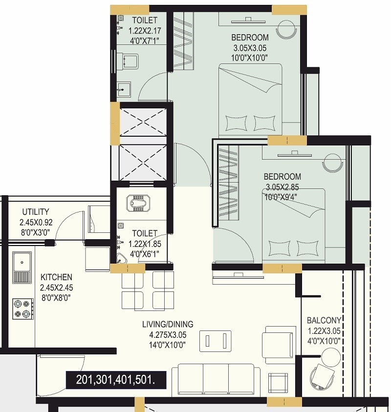 Floor plan of 2 BHK 602 Sq. Ft. Apartment in Basil Aarambha, Pune