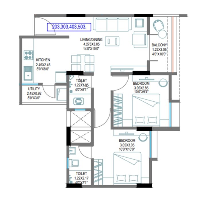 Floor plan of 2 BHK 712 Sq. Ft. Apartment in Basil Aarambha, Pune