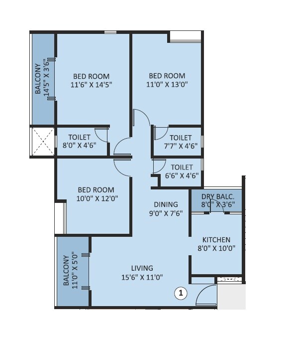 Floor plan of 3 BHK 1126 Sq. Ft. Apartment in Basil Maximus, Pune