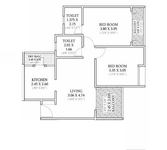 Floor plan of 2 BHK 505 Sq. Ft. Apartment in Basil Mondale, Pune