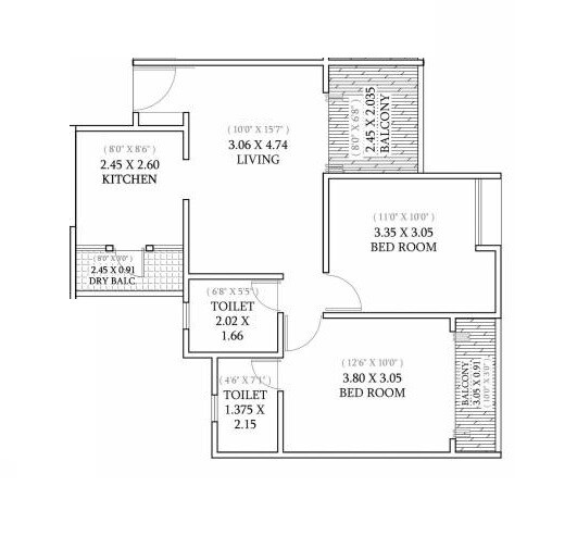 Floor plan of 2 BHK 751 Sq. Ft. Apartment in Basil Mondale, Pune