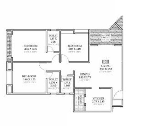 Floor plan of 3 BHK 938 Sq. Ft. Apartment in Basil Mondale, Pune