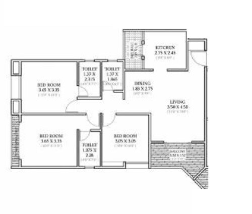 Floor plan of 3 BHK 995 Sq. Ft. Apartment in Basil Mondale, Pune
