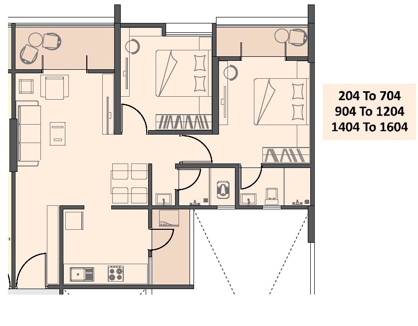 Floor plan of 2 BHK 744 Sq. Ft. Apartment in Basil Shivraj, Pune