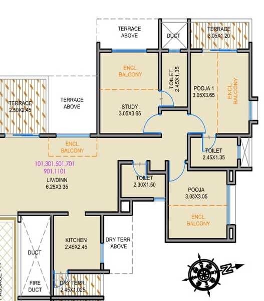 Floor plan of 3 BHK 974 Sq. Ft. Apartment in Basileo Apartment, Pune