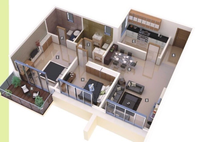 Floor plan of 2 BHK 938 Sq. Ft. Apartment in Beharay Rathi Hillview Residency, Pune