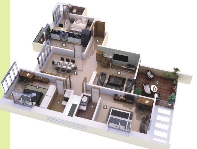 Floor plan of 3 BHK 1120 Sq. Ft. Apartment in Beharay Rathi Hillview Residency, Pune