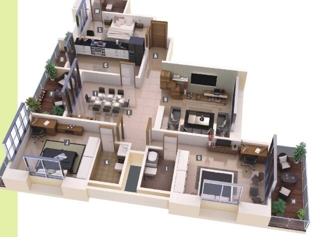 Floor plan of 3 BHK 1151 Sq. Ft. Apartment in Beharay Rathi Hillview Residency, Pune