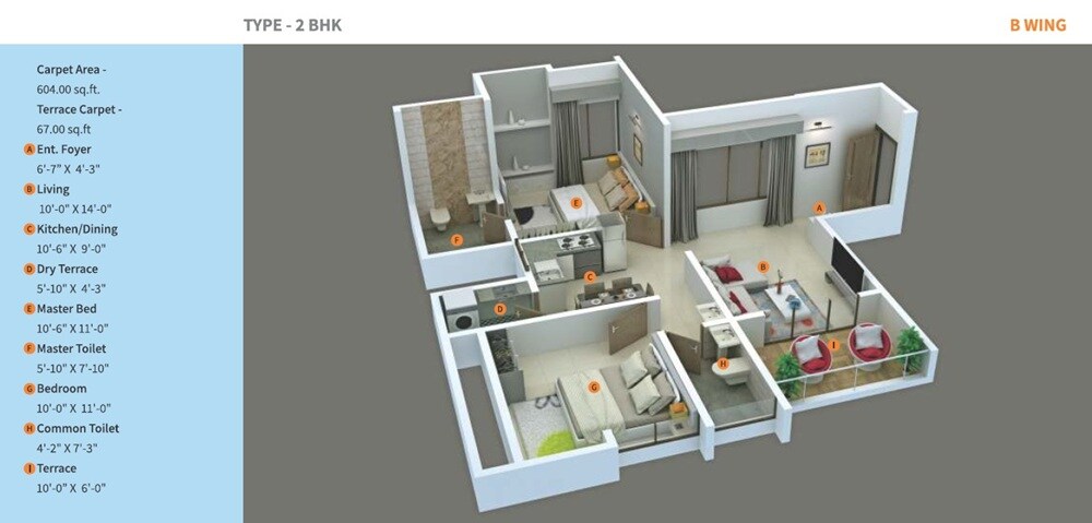 Floor plan of 2 BHK 604 Sq. Ft. Apartment in Behede Silver Brook, Pune
