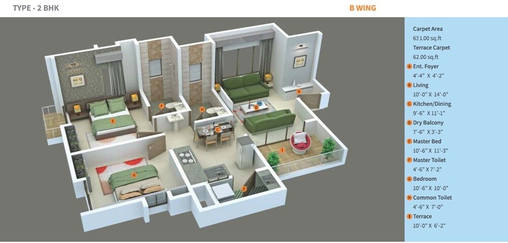 Floor plan of 2 BHK 631 Sq. Ft. Apartment in Behede Silver Brook, Pune