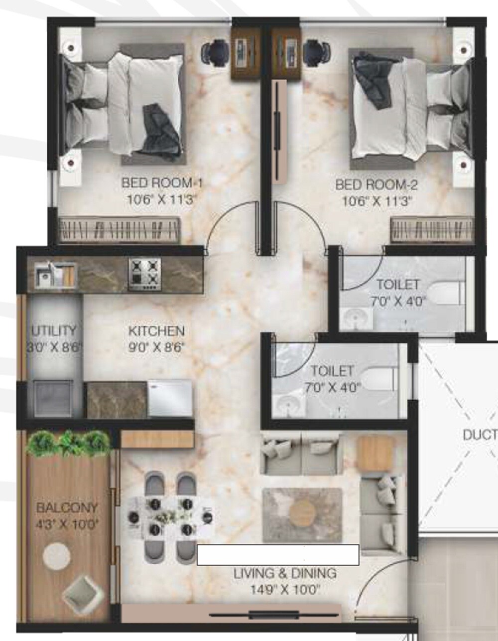 Floor plan of 2 BHK 452 Sq. Ft. Apartment in Belmont Aster, Pune