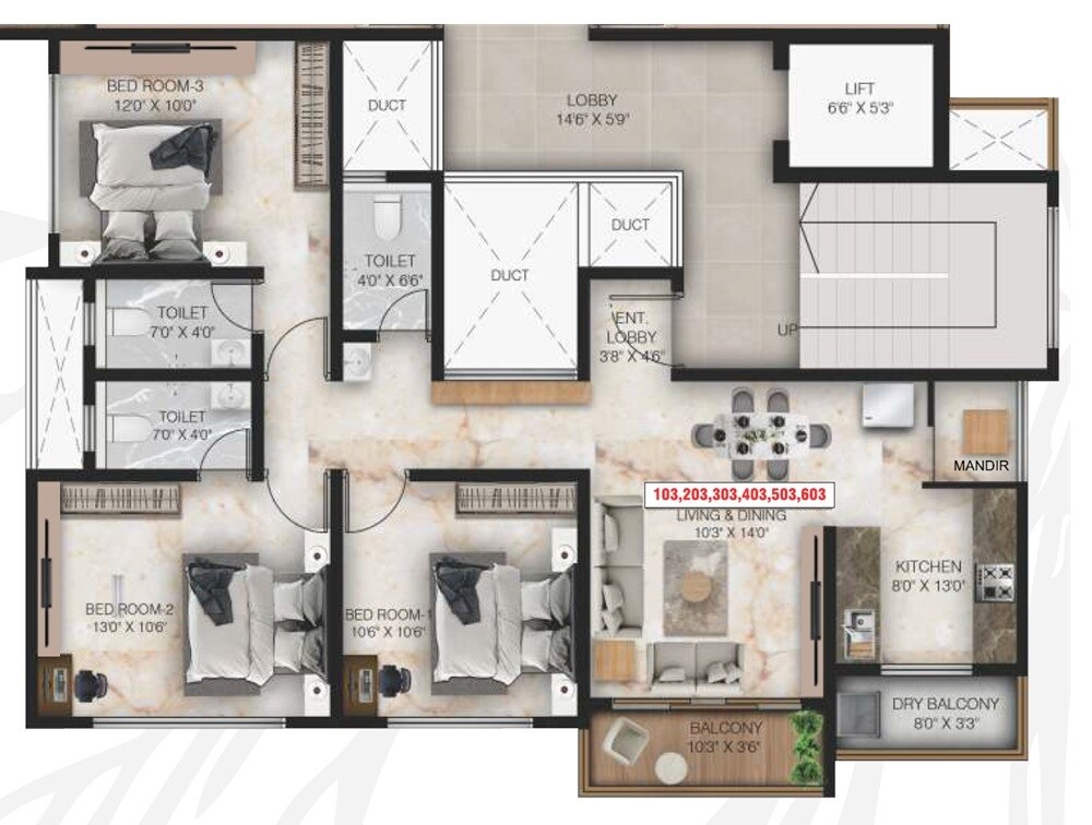 Floor plan of 3 BHK 842 Sq. Ft. Apartment in Belmont Aster, Pune