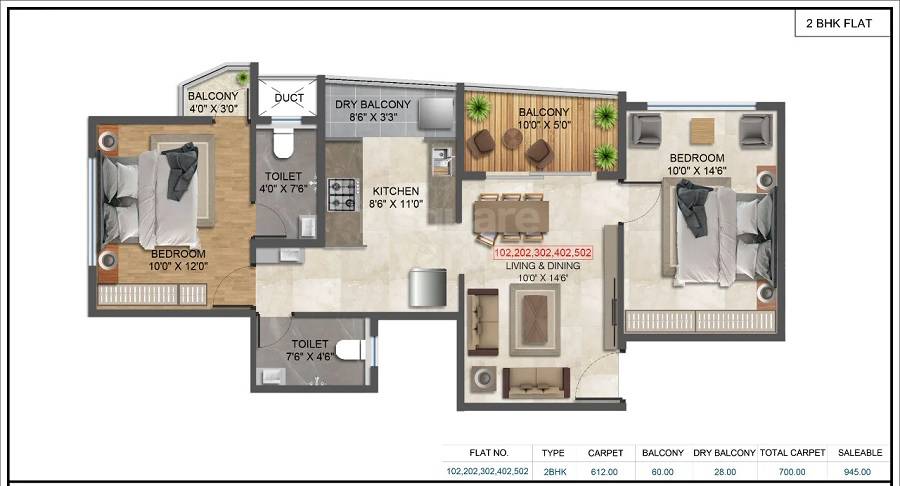 2 BHK 612 Sq. Ft. Apartment