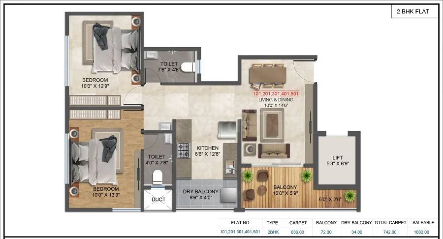 Floor plan of 2 BHK 636 Sq. Ft. Apartment in Belmont Celestial, Pune