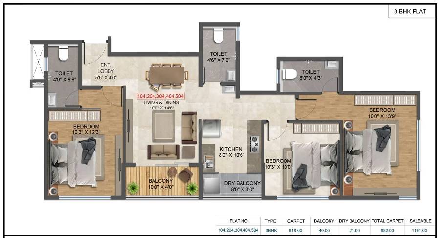 Floor plan of 3 BHK 818 Sq. Ft. Apartment in Belmont Celestial, Pune
