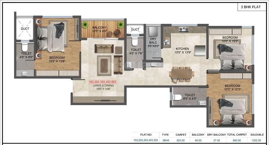 Floor plan of 3 BHK 823 Sq. Ft. Apartment in Belmont Celestial, Pune