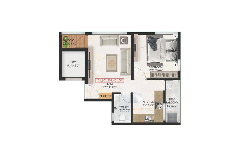 Floor plan of 1 BHK 268 Sq. Ft. Apartment in Belmont Celosia, Pune