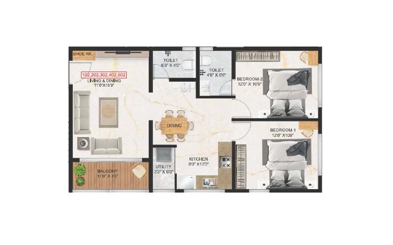 Floor plan of 2 BHK 569 Sq. Ft. Apartment in Belmont Celosia, Pune