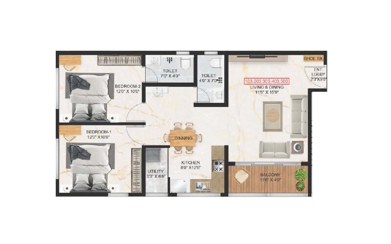 Floor plan of 2 BHK 580 Sq. Ft. Apartment in Belmont Celosia, Pune